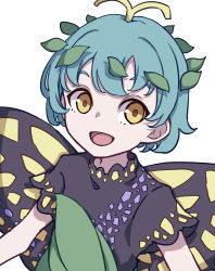 Rule 34 | 1girl, absurdres, antennae, aqua hair, butterfly wings, dress, eternity larva, flat chest, green dress, hair ornament, highres, insect wings, kame (kamepan44231), kariyushi shirt, leaf, leaf hair ornament, leaf on head, multicolored clothes, multicolored dress, one-hour drawing challenge, outstretched arms, short sleeves, smile, solo, touhou, wings, yellow eyes