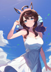 Rule 34 | 1girl, ahoge, alternate costume, animal ears, armpits, blue eyes, blush, breasts, cleavage, closed mouth, cloud, collarbone, commentary request, commission, daring tact (umamusume), e nnihql, hair ornament, highres, horse ears, horse girl, long hair, looking at viewer, medium breasts, sky, umamusume