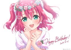 Rule 34 | 1girl, angel, angel wings, aqua eyes, artist name, artist request, blouse, blush, breasts, dated, dress, feathered wings, female focus, flower, flower wreath, frilled sleeves, frills, green eyes, hair ornament, head wreath, kurosawa ruby, looking at viewer, love live!, love live! school idol festival, love live! sunshine!!, necocafe lili, parted lips, pink flower, puffy short sleeves, puffy sleeves, red flower, red hair, shirt, short hair, short sleeves, simple background, smile, solo, twintails, two side up, white background, white shirt, white wings, wing hair ornament, wings