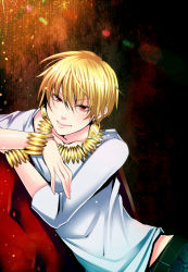 Rule 34 | 1boy, bad id, bad pixiv id, belt, blonde hair, earrings, fate/stay night, fate/zero, fate (series), gilgamesh (fate), jewelry, lots of jewelry, male focus, matsurika youko, necklace, official alternate costume, red eyes, short hair, smile, snakeskin, snakeskin print, solo