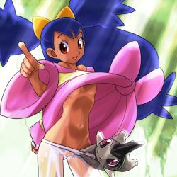 Rule 34 | 10s, 1girl, axew, big hair, blue hair, breasts, brown eyes, cameltoe, clothes lift, creatures (company), dark skin, game freak, gen 5 pokemon, gym leader, iris (pokemon), navel, nintendo, no bra, otsukare, pants, pointing, pokemon, pokemon (creature), pokemon bw, pussy, see-through, shirt lift, small breasts, two side up, uncensored, underboob, wet