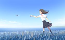 Rule 34 | 1girl, absurdres, aircraft, airplane, blue sky, brown footwear, brown hair, building, city, closed mouth, cloud, collared shirt, day, dust cloud, floating hair, from side, giant, giantess, grey skirt, grey socks, highres, horizon, loafers, long hair, looking at object, looking away, neck ribbon, ocean, original, outdoors, outstretched arm, pleated skirt, purple eyes, red ribbon, ribbon, school uniform, see-through silhouette, shapoco, shirt, shoes, short sleeves, skirt, sky, skyscraper, smile, socks, solo, standing, straight hair, throwing, white shirt, wide shot, wind