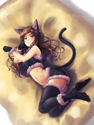 Rule 34 | 10s, 1girl, absurdres, animal ears, animal hands, bad id, bad pixiv id, bare shoulders, bell, black thighhighs, blush, breasts, brown eyes, brown hair, cat ears, cat paws, cat tail, collar, full body, gloves, highres, idolmaster, idolmaster million live!, k.sho, kitazawa shiho, long hair, looking at viewer, lying, medium breasts, navel, neck bell, on side, paw gloves, solo, tail, thighhighs