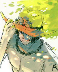 Rule 34 | 1boy, absurdres, arm tattoo, black hair, commentary, english commentary, freckles, from above, hand on headwear, hat, highres, jewelry, looking at viewer, looking up, male focus, mo15271, necklace, one piece, orange hat, pearl necklace, portgas d. ace, short hair, smile, solo, tattoo, tongue, tongue out, topless male, twitter username, upper body