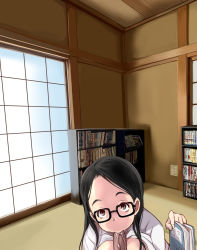Rule 34 | 1girl, :&gt;=, black hair, book, bookshelf, breasts, brown eyes, ceiling, e10, electrical outlet, electrical outlet, fellatio, forehead, glasses, hair over breasts, hair over shoulder, highres, holding, holding book, indoors, long hair, looking at viewer, looking up, open clothes, open shirt, oral, penis, shadow, shirt, short sleeves, shouji, sliding doors, solo focus, tareme, tatami, white shirt, wing collar, wood, wooden ceiling