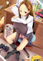 Rule 34 | 1girl, :p, bad id, bad pixiv id, brown eyes, brown hair, cameltoe, chair, computer, controller, crossed arms, crossed legs, desk, feet, forehead, game console, joystick, keyboard (computer), laptop, leg lock, legs, long hair, messy room, office chair, panties, pantyshot, pipa, sitting, sitting backwards, skirt, socks, solo, striped clothes, striped panties, stuffed animal, stuffed toy, swivel chair, teddy bear, tongue, tongue out, trash can, underwear, upskirt