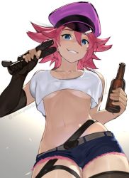 Rule 34 | akisa yositake, belt, belt buckle, blue eyes, bottle, breasts, buckle, denim, denim shorts, elbow gloves, final fight, fingerless gloves, from below, garter straps, gloves, hat, holding, holding bottle, holding whip, looking at viewer, navel, pink hair, pink hat, poison (final fight), short shorts, shorts, smile, solo, spiked hair, tank top, teeth, underboob, whip, white background, white tank top