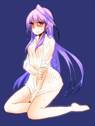 Rule 34 | 1girl, barefoot, blue background, blush, bottomless, dress shirt, kneeling, long hair, lyrical nanoha, mahou shoujo lyrical nanoha, mahou shoujo lyrical nanoha a&#039;s, mikaze, red eyes, reinforce, see-through, shirt, silver hair, sleeves rolled up, solo, tears, wet, wet clothes
