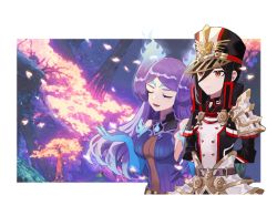 Rule 34 | 2girls, blue fire, breasts, brighid (xenoblade), center opening, cheese dakke, dress, elbow gloves, closed eyes, fiery hair, fire, gloves, large breasts, long hair, morag ladair (xenoblade), multiple girls, purple dress, purple hair, very long hair, xenoblade chronicles (series), xenoblade chronicles 2