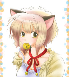 Rule 34 | 1girl, animal ears, blonde hair, cat ears, food, lowres, mouth hold, short hair, solo, yellow eyes