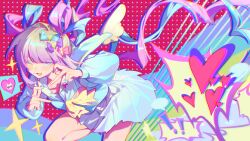 Rule 34 | 1girl, blonde hair, blue bow, blue eyes, blue hair, blue nails, blue shirt, blue skirt, blush, bow, chouzetsusaikawa tenshi-chan, hair bow, hair ornament, heart, holographic clothing, krabi, long hair, long sleeves, looking at viewer, multicolored hair, multicolored nails, needy girl overdose, one eye closed, open mouth, pink bow, pink hair, pleated skirt, purple bow, quad tails, sailor collar, school uniform, serafuku, shirt, skirt, smile, solo, twintails, very long hair, wings, yellow bow, yellow nails
