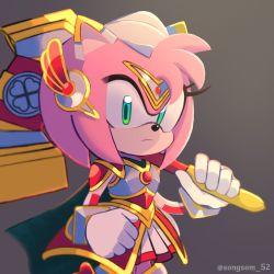 Rule 34 | 1girl, amy rose, animal nose, armor, armored dress, closed mouth, furry, furry female, gloves, green eyes, highres, holding, holding weapon, looking at viewer, serious, shoulder armor, skirt, solo, songsom s2, sonic (series), twitter username, weapon, white gloves