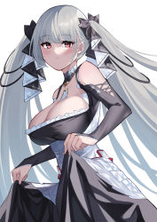 Rule 34 | 1girl, azur lane, between breasts, black dress, black nails, blush, breasts, cleavage, clothes lift, dress, dress lift, formidable (azur lane), frilled dress, frills, gothic lolita, grey hair, hair ribbon, highres, large breasts, lifting own clothes, lolita fashion, long hair, nail polish, necktie, necktie between breasts, red eyes, ribbon, simple background, solo, twintails, two-tone dress, two-tone ribbon, upper body, very long hair, waka (user unuj5373), white background