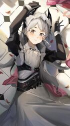 Rule 34 | 1girl, @ @, absurdres, arknights, arms up, black gloves, black sleeves, blush, chinese commentary, closed mouth, collared dress, commentary request, cowboy shot, dress, e hun touzi, frills, gloves, grey eyes, grey hair, heart, heart-shaped pupils, highres, indoors, irene (arknights), irene (voyage of feathers) (arknights), juliet sleeves, long hair, long sleeves, looking at viewer, lying, maid, maid headdress, on back, on floor, puffy sleeves, scar, scar across eye, solo, strap, symbol-shaped pupils, wavy mouth, white dress