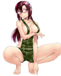 Rule 34 | 1girl, barefoot, blue eyes, blush, breast lift, breasts, cleavage, collarbone, feet, female focus, glasses, hairband, icebox, large breasts, long hair, looking at viewer, makinami mari illustrious, naked overalls, neon genesis evangelion, no bra, overalls, rebuild of evangelion, simple background, solo, squatting, toenails, toes, upshorts, white background