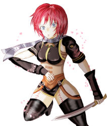 Rule 34 | 1girl, breasts, garter straps, gloves, green eyes, highres, holding, holding weapon, looking at viewer, nel zelpher, red hair, scarf, short hair, simple background, solo, star ocean, star ocean till the end of time, sword, tattoo, thighhighs, weapon, white background, zettai ryouiki