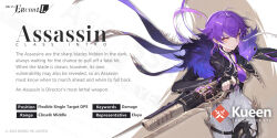 Rule 34 | 1girl, assassin, black gloves, character name, fingerless gloves, gloves, higan: eruthyll, holding, holding weapon, kueen, long hair, looking at viewer, official art, purple hair, solo, weapon, yellow eyes