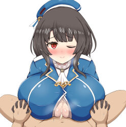 Rule 34 | 1boy, 1girl, ascot, beret, black gloves, black hair, blonde hair, blue headwear, blush, breasts, cum, cum on body, cum on breasts, cum on upper body, gloves, hat, hetero, highres, holding hands, kantai collection, kyu horn, large breasts, looking at viewer, military uniform, one eye closed, paizuri, paizuri under clothes, pov, red eyes, short hair, solo focus, takao (kancolle), textless version, uniform