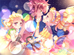 Rule 34 | 3girls, absurdres, age difference, amamiya elena, black gloves, blonde hair, child, choker, colored skin, commentary request, cure soleil, dark skin, dark-skinned female, dated, dress, earrings, gloves, hair ornament, hairband, hand on another&#039;s face, highres, jewelry, lens flare, lens flare abuse, lipstick, long hair, long sleeves, magical girl, makeup, mask, unworn mask, multiple girls, night, night sky, orange dress, pink hair, pink skin, pointy ears, precure, purple choker, purple eyes, purple hairband, short hair, short sleeves, sidelocks, sideways mouth, signature, sky, smile, spoilers, star (sky), star (symbol), star hair ornament, star twinkle precure, starry sky, tengu mask, tenjou (precure), time paradox, touki matsuri, wrist cuffs, yellow eyes, aged down, yuri