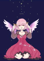 Rule 34 | 1girl, animal ears, bad id, bad pixiv id, breasts, dress, female focus, jewelry, mystia lorelei, necklace, open mouth, pink hair, shima mei, shimana (cs-ts-az), short hair, small breasts, solo, star (symbol), touhou, wings, yellow eyes