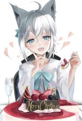 Rule 34 | 1girl, ahoge, animal ear fluff, animal ears, black bow, blush, bow, braid, cake, chair, commentary request, cup, drinking glass, earrings, food, fox ears, fox girl, green eyes, hair between eyes, hair bow, heart, holding, holding spoon, hololive, index finger raised, jewelry, long hair, long sleeves, looking at viewer, merry christmas, open mouth, shirakami fubuki, shirakami fubuki (street), shirt, sidelocks, simple background, single braid, sitting, solo, spoon, table, virtual youtuber, white background, white hair, white shirt, wine glass, yononaka iroha