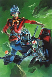 Rule 34 | 1980s (style), 2boys, amuro ray, beam rifle, belt, cannon, char aznable, cockpit, energy gun, gloves, glowing, glowing eyes, gun, gundam, hand on own hip, helmet, highres, jacket, looking at viewer, machinery, male focus, mask, mecha, military, military uniform, mobile suit, mobile suit gundam, multiple boys, official art, oldschool, pilot suit, pointing, red jacket, retro artstyle, robot, rx-78-2, science fiction, shield, sitting, smile, space, star (sky), sword, traditional media, uniform, v-fin, weapon, yasuhiko yoshikazu, zeon