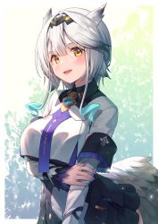 Rule 34 | 1girl, amanuki-san, armband, blue hair, breasts, feathered wings, hand on own arm, indie virtual youtuber, kayamori emma, large breasts, light blush, long sleeves, looking at viewer, low wings, multicolored hair, open mouth, short hair, short hair with long locks, sidelocks, solo, two-tone hair, virtual youtuber, white hair, wings, yellow eyes