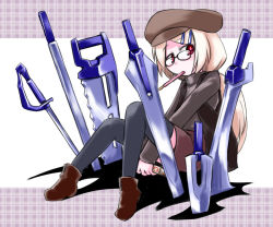 Rule 34 | 1girl, bespectacled, exice-zero, food, full body, glasses, hand saw, hat, kugelschreiber, long hair, original, pocky, red eyes, saw, sitting, solo, sword, weapon