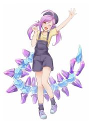 Rule 34 | 1girl, ahoge, contemporary, genderswap, genderswap (mtf), hat, league of legends, long hair, looking at viewer, nam (valckiry), one eye closed, open mouth, overalls, personification, purple hair, scorpion tail, skarner, solo, tail, twintails, waving, yellow eyes