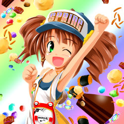 Rule 34 | 00s, 1girl, arm up, armpits, badge, blush, brown hair, button badge, candy, fabel, fabel (pixiv109259), food, green eyes, hat, idolmaster, idolmaster (classic), idolmaster 1, one eye closed, open mouth, short hair, smile, solo, takatsuki yayoi, twintails, wink