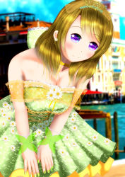 Rule 34 | 10s, 1girl, artist name, artist request, bare shoulders, blurry, blurry background, blush, breasts, brown hair, city, cleavage, dress, female focus, flower, flower hair ornament, green dress, green nails, hair between eyes, highres, koizumi hanayo, large breasts, looking at viewer, love live!, love live! school idol festival, love live! school idol project, nail polish, nails, purple eyes, short hair, skirt, smile, solo, tiara, yellow skirt