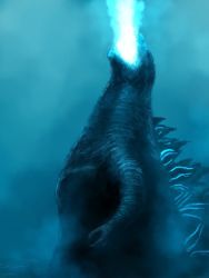 Rule 34 | dinosaur, energy, energy beam, giant, giant monster, glowing, godzilla, godzilla: king of the monsters, godzilla (series), highres, kaijuu, kmd, monster, monsterverse, night, no humans, ocean, rain, sea monster, spikes, toho