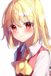 Rule 34 | 1girl, ascot, blonde hair, blush, chisiro unya (unya draw), closed mouth, commentary request, flandre scarlet, looking at viewer, medium hair, one side up, red eyes, simple background, smile, solo, touhou, white background, yellow ascot
