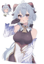 Rule 34 | absurdres, ahoge, bare shoulders, bell, black gloves, blue hair, blush, bow, breasts, chinese knot, closed eyes, detached sleeves, flower, flower knot, ganyu (genshin impact), genshin impact, gloves, gold trim, hand on own cheek, hand on own face, highres, horns, long hair, looking at viewer, medium breasts, multiple views, neck bell, open mouth, parted lips, purple eyes, qingxin flower, red rope, roku 6, rope, sidelocks, smile, solo, tears, upper body, vision (genshin impact), white background, white flower, white sleeves, wiping tears