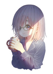Rule 34 | 1girl, absurdres, backlighting, blush, closed mouth, cropped torso, cup, fate/grand order, fate (series), flat chest, glasses, hair over one eye, highres, holding, holding cup, long sleeves, mash kyrielight, mug, pajamas, purple eyes, purple hair, short hair, simple background, smile, solo, wakuwakumkg, white background