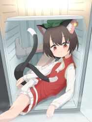Rule 34 | 1girl, absurdres, animal ear fluff, animal ear piercing, animal ears, asakura haru, bloomers, brown eyes, brown hair, cat ears, cat tail, chen, commentary, earrings, english commentary, fang, green hat, hat, highres, indoors, jewelry, leg up, long sleeves, looking at viewer, mob cap, multiple tails, nekomata, no shoes, photo-referenced, red shirt, refrigerator, shirt, short hair, single earring, sitting, skin fang, sleeveless, sleeveless shirt, socks, solo, spread legs, tail, thighs, touhou, underwear, white bloomers, white socks