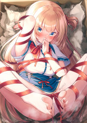 Rule 34 | 1girl, akai haato, akai haato (1st costume), arm up, armpits, barefoot, blonde hair, blue eyes, blue skirt, blush, body writing, bound, box, breasts, collared shirt, commentary request, covering own mouth, dress shirt, eyes visible through hair, feet, hair ribbon, hand up, heart, heart-shaped pupils, high-waist skirt, highres, hololive, in box, in container, large breasts, legs up, light particles, long hair, looking at viewer, lying, magowasabi, nail polish, neck ribbon, on back, one side up, panties, red nails, red ribbon, ribbon, ribbon bondage, shirt, short sleeves, signature, skirt, solo, spread legs, symbol-shaped pupils, toenail polish, toenails, twitter username, underwear, v-shaped eyebrows, very long hair, virtual youtuber, white panties, white shirt