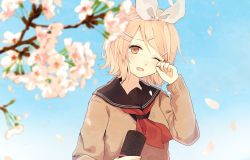 Rule 34 | 1girl, absurdres, alternate costume, black sailor collar, blonde hair, blurry, blurry background, bow, branch, brown eyes, cherry blossoms, clear sky, commentary request, graduation, hair ornament, hair ribbon, hairclip, handkerchief, highres, holding, kagamine rin, red neckwear, ribbon, sailor collar, school uniform, serafuku, sky, smile, solo, tamagogayu1998, tearing up, tears, vocaloid