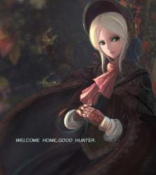 Rule 34 | 1girl, blonde hair, bloodborne, bonnet, cloak, doll joints, english text, flower, green eyes, joints, kuma no hito, long hair, long sleeves, own hands together, plain doll, rose, solo, swept bangs, upper body