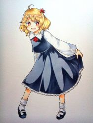 Rule 34 | 1girl, :d, ahoge, bad id, bad pixiv id, black footwear, black skirt, black vest, blonde hair, bright pupils, frilled skirt, frills, full body, hair ornament, highres, japanese clothes, leaning forward, long sleeves, marker (medium), mary janes, open mouth, pigeon-toed, red eyes, red neckwear, rumia, sasa kichi, shoes, short hair, skirt, skirt hold, smile, socks, solo, touhou, traditional media, vest, white socks