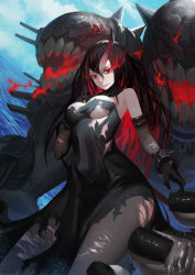 Rule 34 | 10s, 1girl, abyssal ship, battleship princess, battleship water oni, black dress, black gloves, black hair, breasts, cleavage, colored skin, dress, female focus, gloves, glowing, glowing eyes, highres, horns, kantai collection, large breasts, long hair, looking at viewer, ocean, open mouth, pantyhose, red eyes, single horn, smile, solo, tiamiso, torn clothes, torn pantyhose, white skin