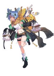 Rule 34 | 1girl, :o, absurdres, ankle boots, backpack, bag, bandaid, bandaid on leg, belt, black footwear, black jacket, black shorts, blue hair, boots, breasts, brown belt, crop top, de yi, double bun, frilled sleeves, frills, full body, hair bun, hair ornament, highres, jacket, leather belt, long sleeves, looking at viewer, medium breasts, midriff, multicolored hair, navel, off shoulder, open clothes, open jacket, open mouth, original, paintbrush, palette (object), running, scarf, short shorts, shorts, simple background, skull hair ornament, sleeves past fingers, sleeves past wrists, socks, solo, stomach, streaked hair, tank top, thigh strap, thighs, torn clothes, transparent background, white socks, white tank top, yellow bag, yellow eyes, yellow scarf