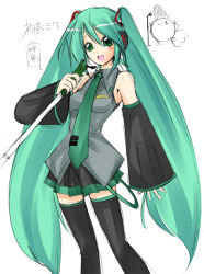 Rule 34 | detached sleeves, green eyes, green hair, hagane soushi, hatsune miku, long hair, necktie, sketch, skirt, solo, spring onion, thighhighs, twintails, very long hair, vocaloid, zettai ryouiki