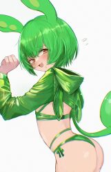 Rule 34 | 1girl, ass, bikini, blush, commentary request, cowboy shot, cropped hoodie, fang, flying sweatdrops, green bikini, green hoodie, highres, hood, hood down, hoodie, long hair, looking at viewer, looking to the side, low ponytail, medium bangs, naonaonina, open mouth, orange eyes, pea pod, side-tie bikini bottom, simple background, smile, solo, swimsuit, very long hair, voiceroid, voicevox, white background, zundamon