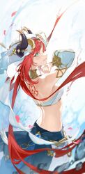 Rule 34 | 00suger001, 1girl, absurdres, aqua eyes, back, back tattoo, bare shoulders, blush, dancer, dancing, forehead jewel, genshin impact, harem outfit, highres, horns, long hair, looking at viewer, looking back, midriff, nilou (genshin impact), o-ring, o-ring top, red eyes, smile, tattoo, veil