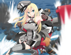 Rule 34 | 10s, 1girl, absurdres, anchor, bare shoulders, bismarck (kancolle), blonde hair, blue eyes, cannon, grey thighhighs, hat, highres, kantai collection, long hair, military, military hat, military uniform, minatasiro, ocean, personification, smoke, solo, thighhighs, torn clothes, turret, uniform, weapon