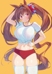 Rule 34 | 1girl, animal ears, blush, breasts, brown hair, buruma, collarbone, commentary request, cowboy shot, daiwa scarlet (umamusume), gym uniform, hair ornament, hand on own hip, hand up, highres, horse ears, horse girl, horse tail, kazuma (kazumav), large breasts, long hair, looking at viewer, midriff, navel, parted lips, purple eyes, red buruma, shirt, short sleeves, simple background, skindentation, solo, sweat, tail, thighhighs, tiara, tied shirt, twintails, umamusume, very long hair, white thighhighs, yellow background