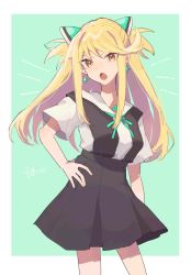 Rule 34 | 1girl, :d, black dress, blonde hair, bow, cheese dakke, collared shirt, dress, earrings, hair bow, hand on own hip, highres, jewelry, long hair, mythra (xenoblade), open mouth, pinafore dress, shirt, short sleeves, sleeveless dress, smile, solo, white shirt, xenoblade chronicles (series), xenoblade chronicles 2, yellow eyes