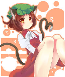 Rule 34 | 1girl, animal ears, blush, brown eyes, brown hair, cat ears, cat girl, cat tail, chen, female focus, hat, looking at viewer, multiple tails, outline, short hair, solo, tail, touhou, yuki usagi (snowcanvas)