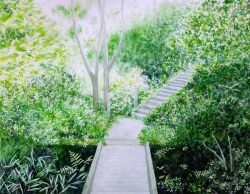 Rule 34 | bush, fern, highres, hill, no humans, original, painting (medium), path, plant, platform, road, scenery, stairs, traditional media, tree, watercolor (medium), yamaji nao